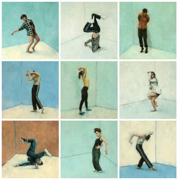 Panel paintings (cropped) - top: Laure Dubanet, Oliver Robertson, Jack Philps. Middle: Sarah Nolan, Gaia Cicolani, Emma Jenkins. Bottom: Aidan Shiels, Sarah Jane Taylor, Sarah Nolan