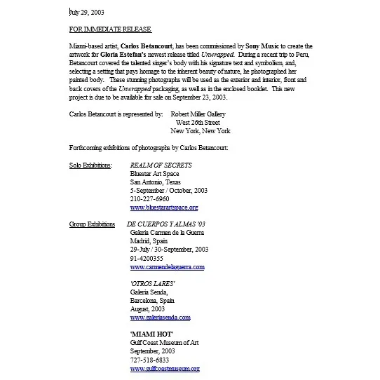 Robert Miller Gallery Press Release