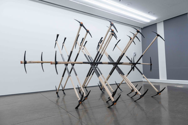 Showering Rock 2024 Pikes, wood and steel, preserved butterfly Image by Saba Gorgodze