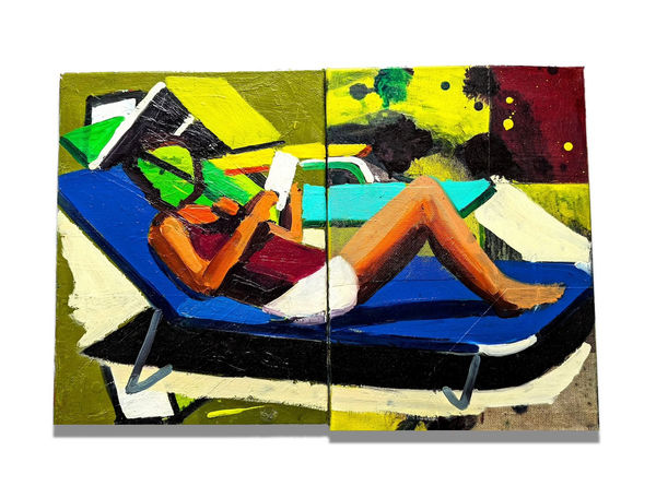 Jake clark Pool Book, 2024 Acrylic, oil, material on canvas 34 x 66 cm