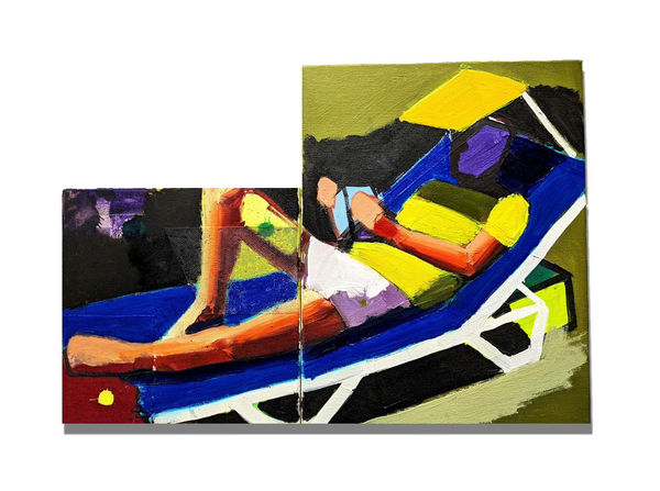 Jake clark Dark Blue Lounger, 2024 Acrylic, oil, material on canvas 47 x 66 cm