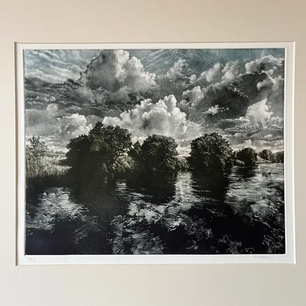 River Yare - morning (unframed), 2022 Martin Mitchell Mezzotint on paper, presented in mount board Unframed 47.5cm x 54.3cm Plate size: 30cm x 38cm Edition of 40