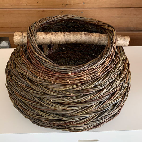 Bulbous herringbone weave basket with Hazel Handle , 2021 Sue Kirk Dicky Meadows, Brittany Blue, Le Bleu and Dark Dicks willows grown organically 48cm L x 48cm W x 28cm H
