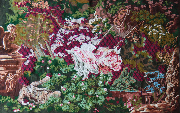 Matt Smith, After Fragonard, 2021, Reworked textile with wool, 78 x 116 cm. Courtesy Cynthia Corbett Gallery