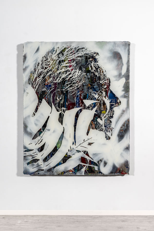 Vhils Atomizer Series #08, 2021 Advertising posters, spray paint, glue, crystal epoxy 150 x 120 x 10 cm 59 1/8 x 47 1/4 x 4 in