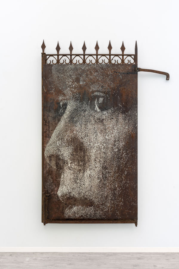 Vhils Havoc series #05, 2021 Hand-carved old metal door 172 x 121 x 7 cm 67 3/4 x 47 5/8 x 2 3/4 in