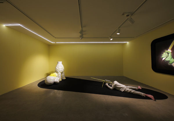 Installation View of Temptation of Green Gloves a solo exhibition of works by Rana Dehghan.