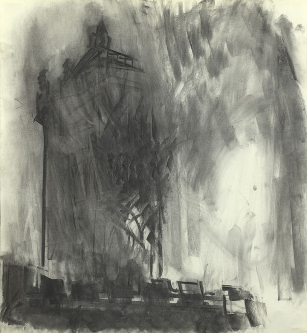 Durham: The West Towers, from the Monk's Garden, the Galilee in the Foreground, Sunset, 1987 Charcoal on paper 101.5 x 92.5cm Private collection