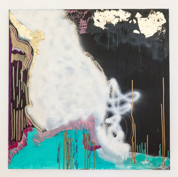 Black and Gold Dragon, Acrylic, spray paint, gold foil leaf on canvas, 36" x 36"