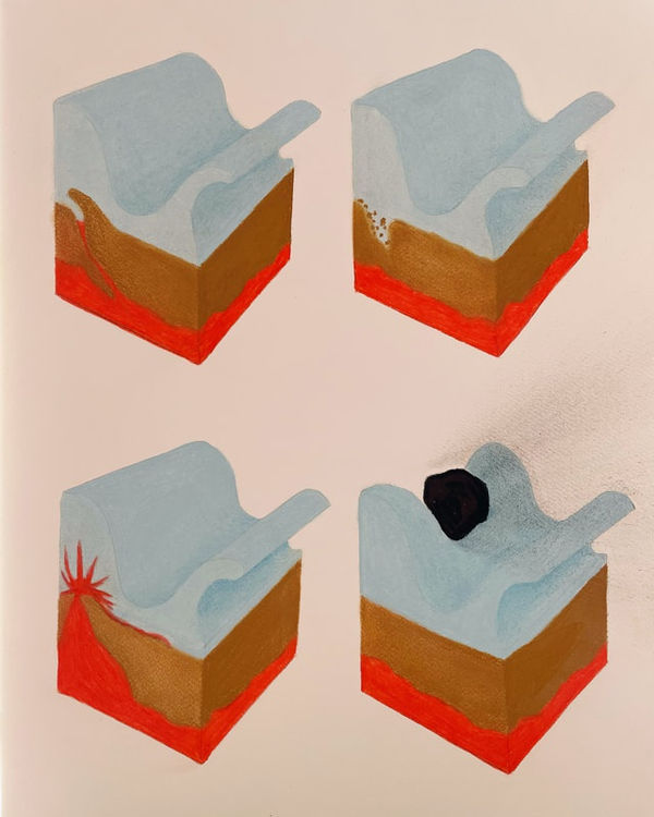 Earthquake Tsunami, Erosion Tsunami, Volcanic Tsunami, Falling Meteor Mega Tsunami 2021, Pastel on Watercolor Paper, 18 x 24"