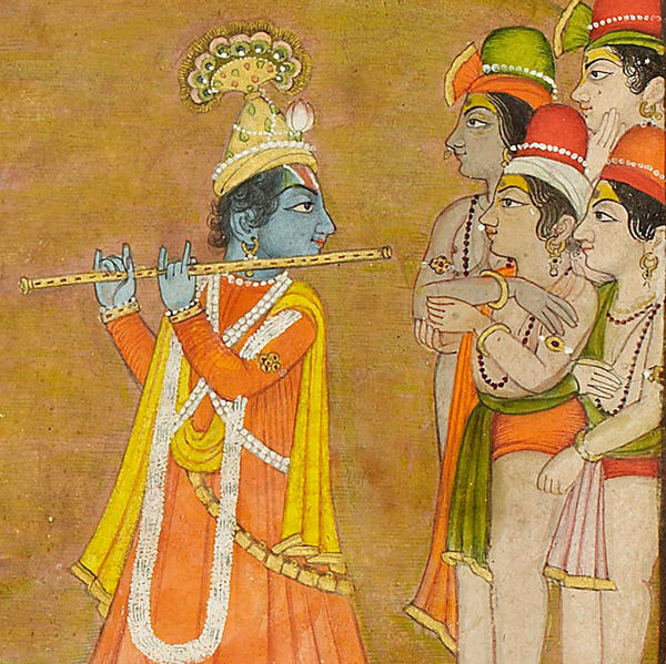 Krishna Beguiles his Cowherd Boyfriends. Opening page from a Sudama Carita: Life in Braj Bilaspur, c.1760-70 Opaque watercolour and gold on paper Folio 21 x 29 cm; painting: 17 x 26 cm