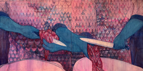 Pamela Phatsimo Sunstrum The Butchers, 2022 Pencil and oil on wood panels 29 7/8 x 59 7/8 in (76 x 152 cm) (GL15365)