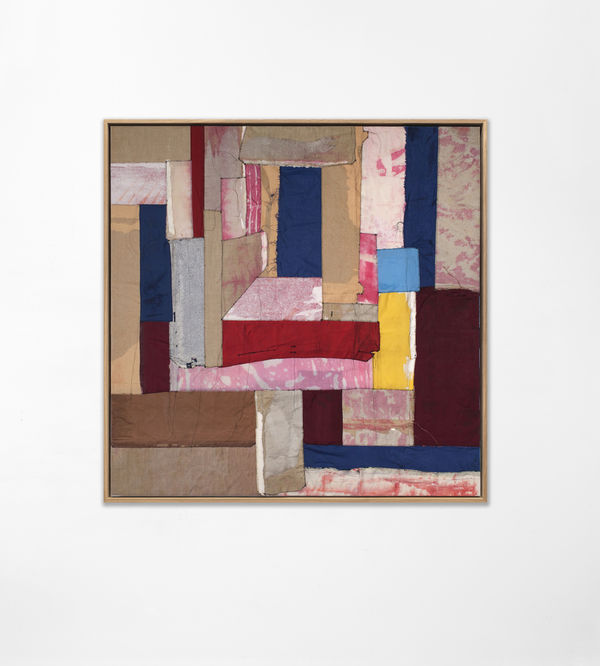 Samuel Levi Jones House of Leaves, 2020 Portfolio on canvas 50 x 50 inches (127 x 127 cm) 52 x 52 inches (132 x 132 cm) (framed) GL14336 In Heart of Leaves, Jones deconstructs vintage portfolios once used to hold art prints and reconfigures them, reflecting on an international conversation on dramatic shifts in the art canon and contemporary art-making practices. Threads are left hanging, evoking our vulnerability as humans and histories unresolved. Please click here for further information about the artist