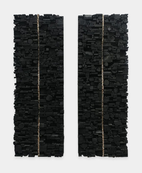 Leonardo Drew Number 231, 2020 Wood and paint Diptych, each: 73 x 24 x 5 inches (185.4 x 61 x 12.7 cm) Overall: 73 x 55 x 5 inches (185.4 x 139.7 x 12.7 cm) GL14255