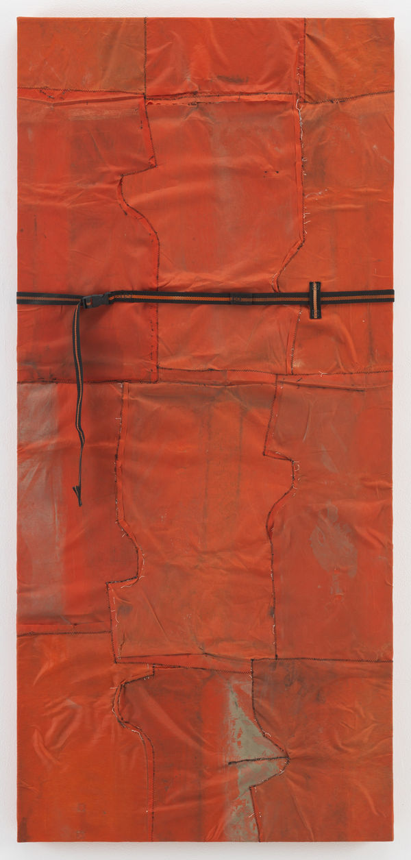 Samuel Levi Jones Submerge, 2018 Deconstructed life preservers on canvas 70 x 32 inches (177.8 x 81.3 cm)