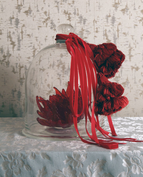 Petah Coyne Untitled #1396 (Catherine the Great), 2015 Hand-blown glass flower, velvet ribbon, tassels, glass vitrine 11.8 x 9 x 9 inches (30 x 22.9 x 22.9 cm) Edition of 8 + 2 APs