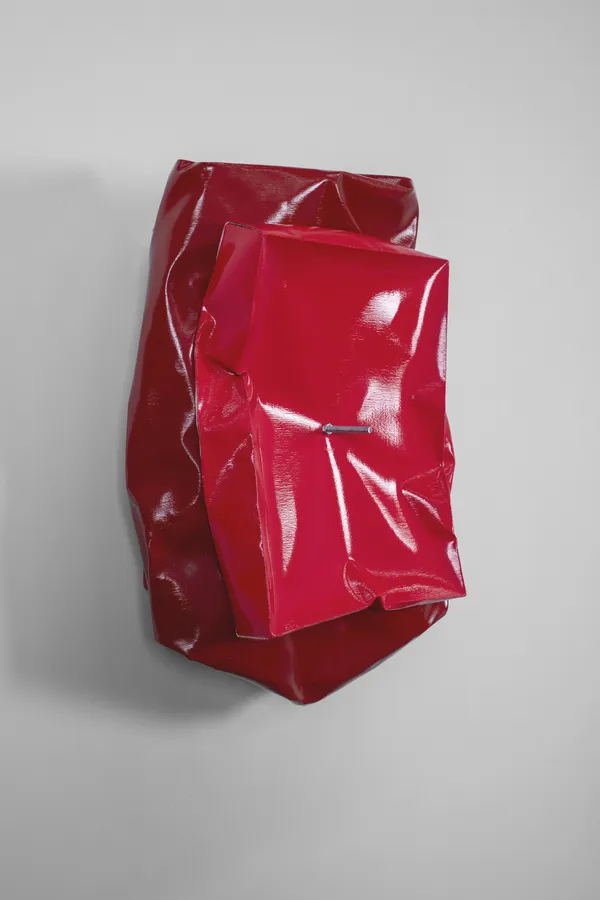 Angela de la Cruz Super Bulto S (Brilliant Red / Persian Red), 2026 Acrylic on canvas, steel rod 95 x 75 x 40 cm 37 3/8 x 29 1/2 x 15 3/4 in