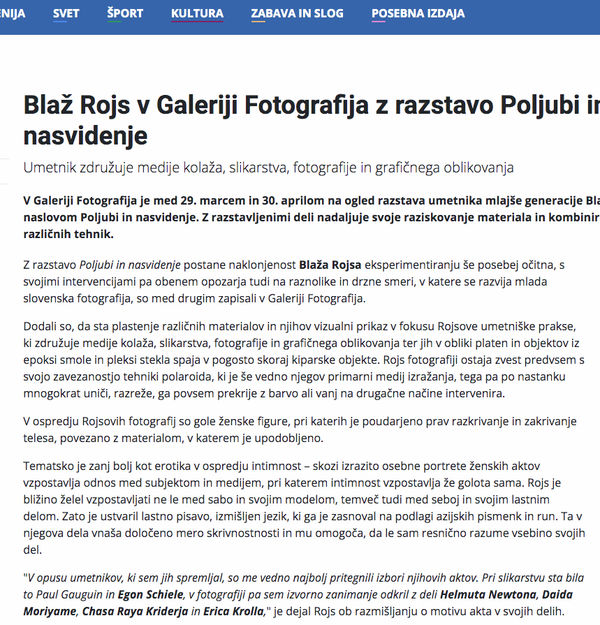 Blaž Rojs v Galeriji Fotografija z razstavo Poljubi in nasvidenje, RTV SLO