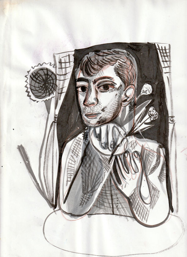 A black and white frontal half-length portrait of a man, his forearms propped up on his elbows before him.