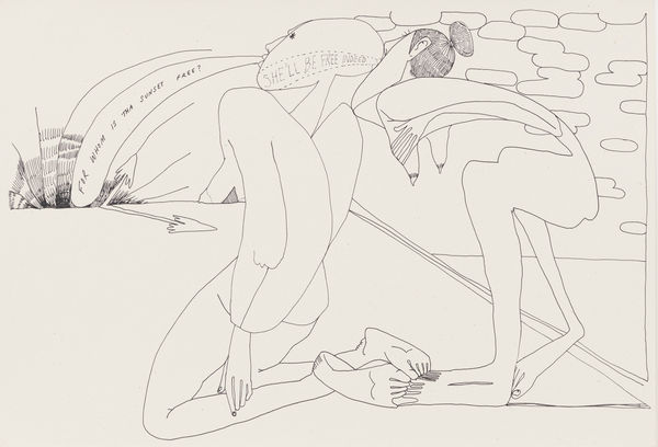 Black ink drawing on white paper showing two figures in a landscape looking toward a settlement in the distance