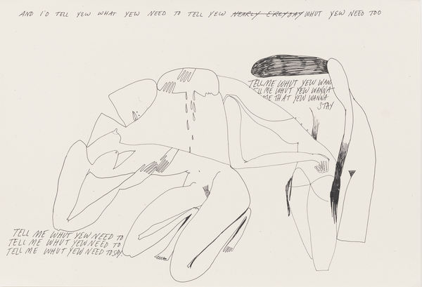 Black ink drawing on white paper showing two abstracted figures gesturing as if in argument, one of them with tears falling on the other.