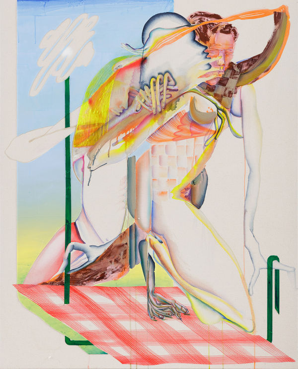 Abstracted view of two figures appearing to be dancing and kissing in a daytime landscape.