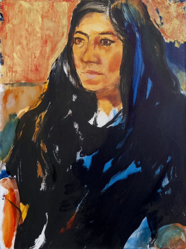 Half-length three-quarter view portrait of a woman with black hair and a black top looking to the left.