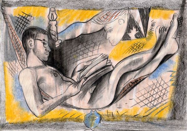 A nude man in glasses with his legs crossed lying in a hammock flipping through a magazine.