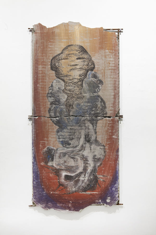 Mechoncomil suspendido, 2024 Setting of concrete, pigments and graphite on metal structure. 112 x 56 cm 44 1/8 x 22 in