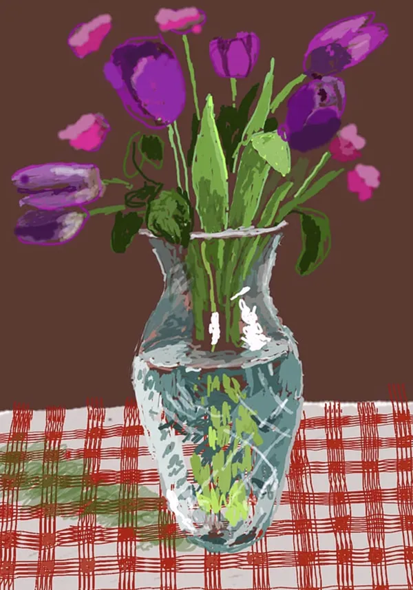 David Hockney, 16th March 2021, Tulips in Cut Glass, 2021