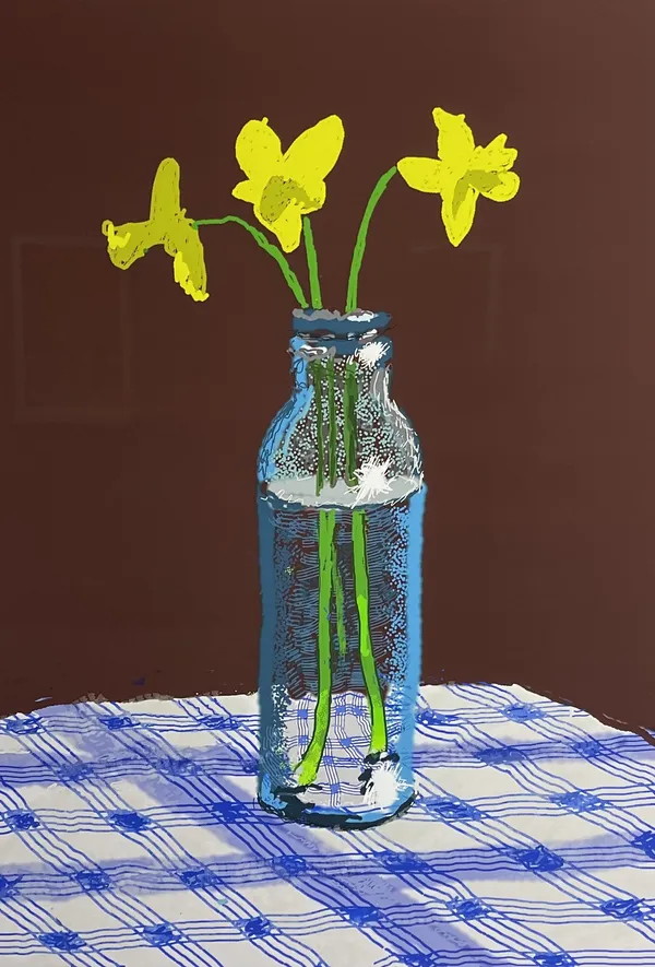 David Hockney, 7 April, 2021, Three Daffodils in a Bottle, 2021