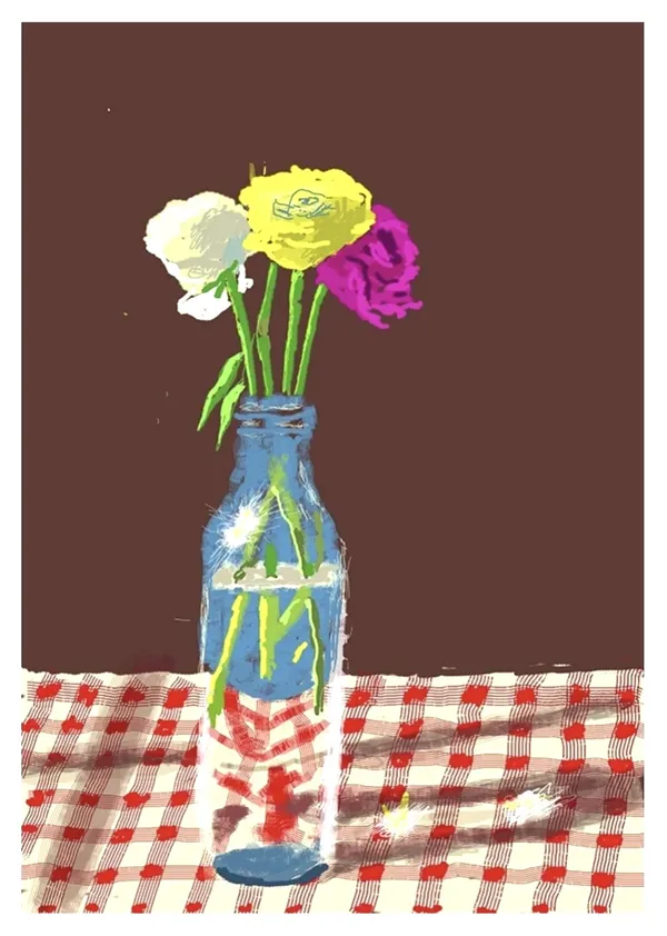 David Hockney, 23 March 2021, Flowers in a Milk Bottle, 2021