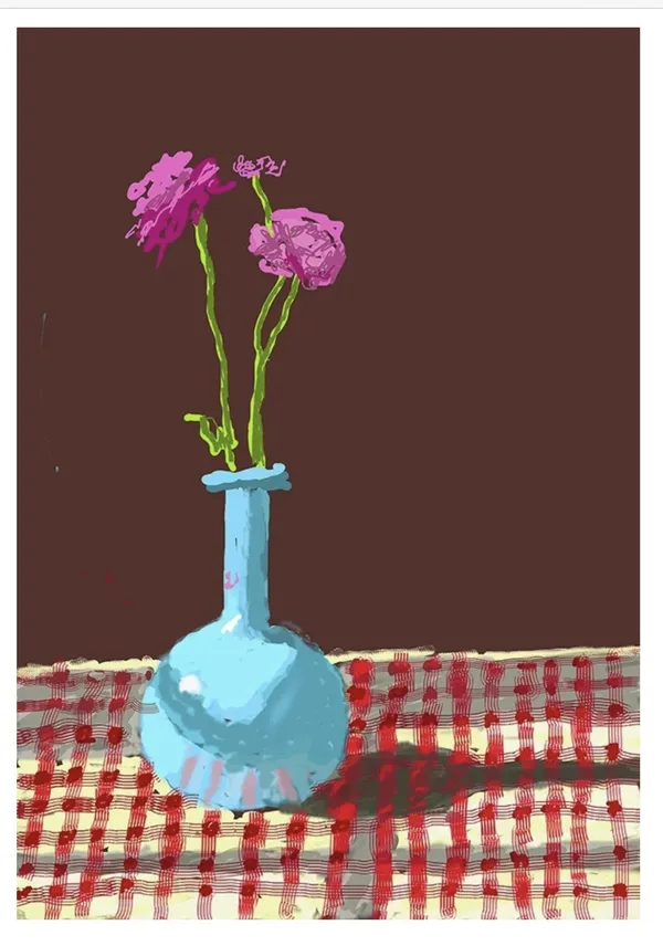 David Hockney, 28th February 2021, Roses in a Blue Vase, 2021