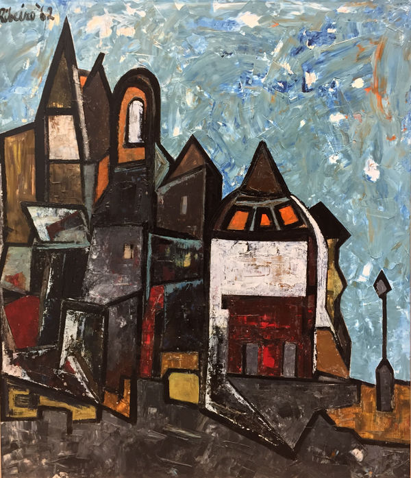 Lancelot Ribeiro 1933-2011Strange Town, 1962 Oil on board Signed and dated upper left 91.5 x 80 cm 36 1/8 x 31 1/2 in