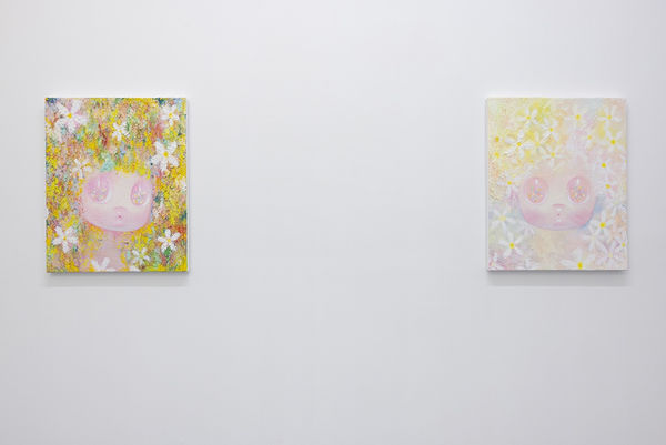 art installation image of two paintings by artist So Youn Lee in white wall room for "Over The Moon" show