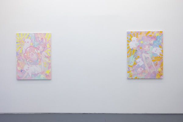 art installation image of two paintings by artist So Youn Lee in white wall room for "Over The Moon" show