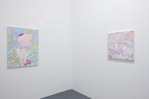 art installation image of two paintings by artist So Youn Lee in white wall room for "Over The Moon" show