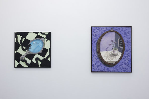 installation photo of "room with a view" exhibition featuring paintings by various artists in white walls