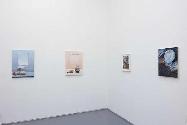 installation photo of "room with a view" exhibition featuring paintings by various artists in white walls
