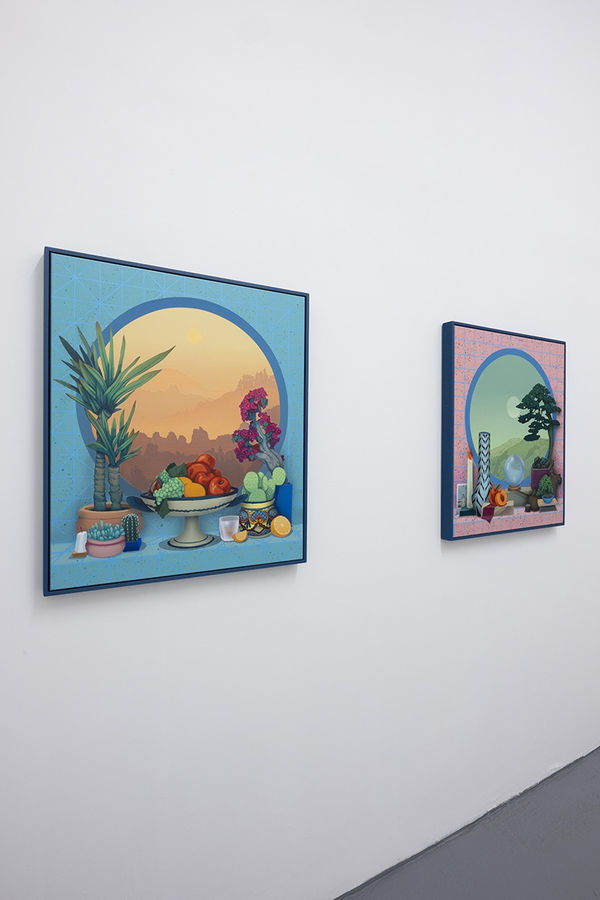 installation photo of "room with a view" exhibition featuring paintings by various artists in white walls