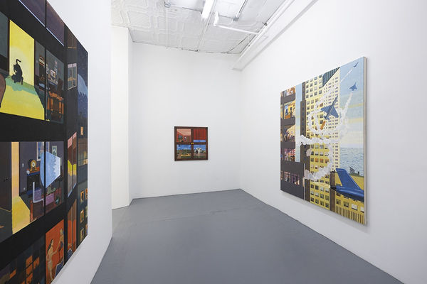 installation photo of "room with a view" exhibition featuring paintings by various artists in white walls
