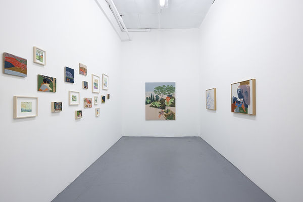 installation view of Seonna Hong artworks hung on white walls