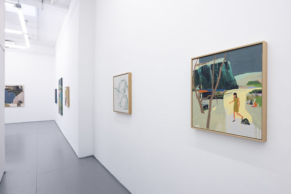 installation view of Seonna Hong artworks hung on white walls