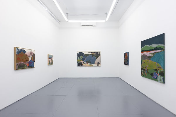 installation view of Seonna Hong artworks hung on white walls