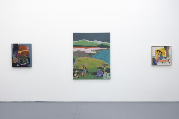 installation view of Seonna Hong artworks hung on white walls