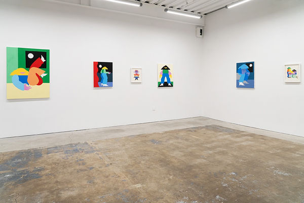 Installation view of Marbie's solo show "Good Love is Hard to Find," where images of abstracted figures, rendered in bright, color blocked hues, pose in various positions.