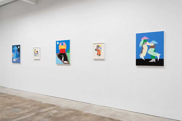 Installation view of Marbie's solo show "Good Love is Hard to Find," where images of abstracted figures, rendered in bright, color blocked hues, pose in various positions.