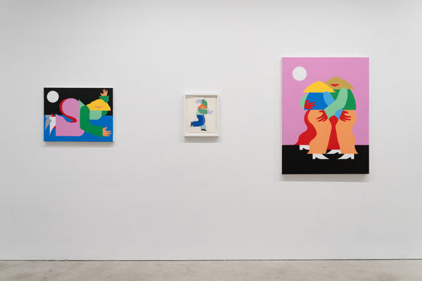 Installation view of paintings and small collages in Marbie's solo show "Good Love is Hard to Find," where images of abstracted figures, rendered in bright, color blocked hues, pose in various positions.