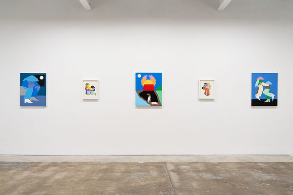 Installation view of Marbie's solo show "Good Love is Hard to Find," where images of abstracted figures, rendered in bright, color blocked hues, pose in various positions.