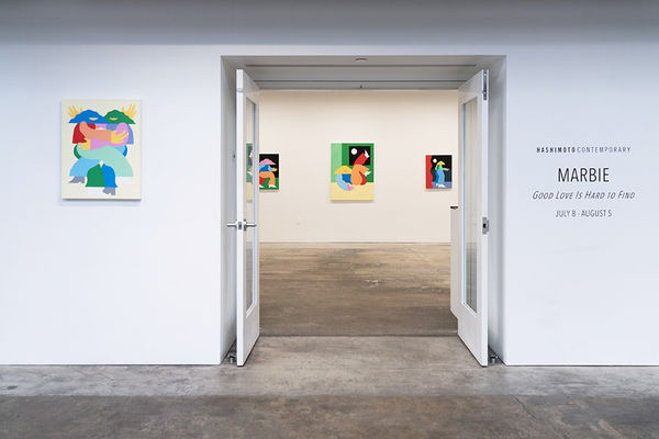 Installation view of the entrance to Marbie's solo show "Good Love is Hard to Find," where images of abstracted figures, rendered in bright, color blocked hues, pose in various positions.